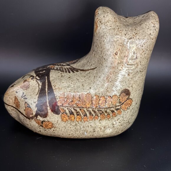 Unsigned Tonala Style Mexican Folk Art Pottery Bird Nature Design 5 inch Tan Cat - Picture 2 of 7